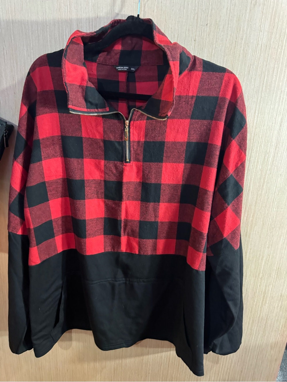 Women’s SHEIN Curve Red and Black Buffalo Plaid Quarter-Zip Pullover Sweater 3XL
